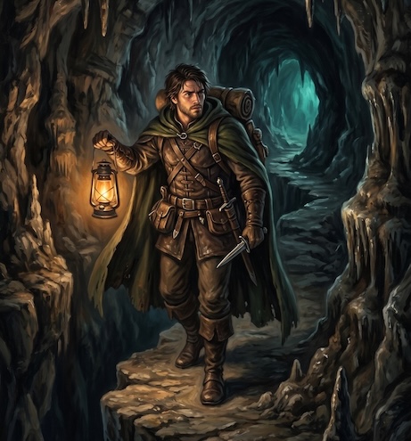 A rogue exploring a cave