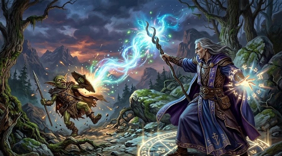 A mage casting a spell at a goblin scout